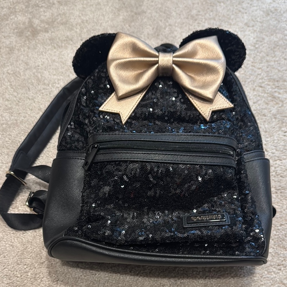 Disney Black Sequin Backpack with Gold Bow